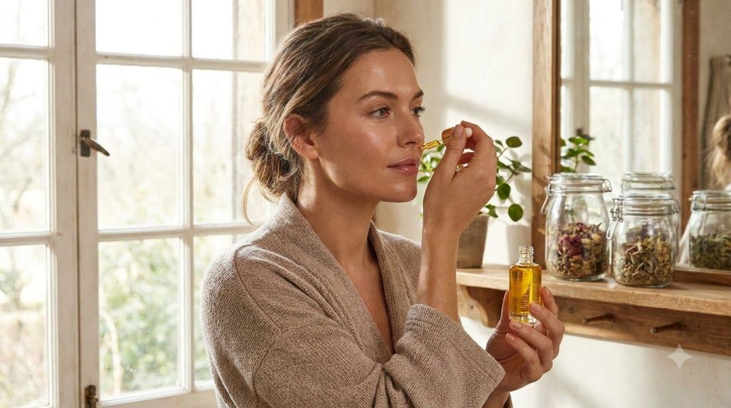 A woman gently massaging a few drops of the homemade facial oil onto her clean face showing a soft radiant glow in a bri