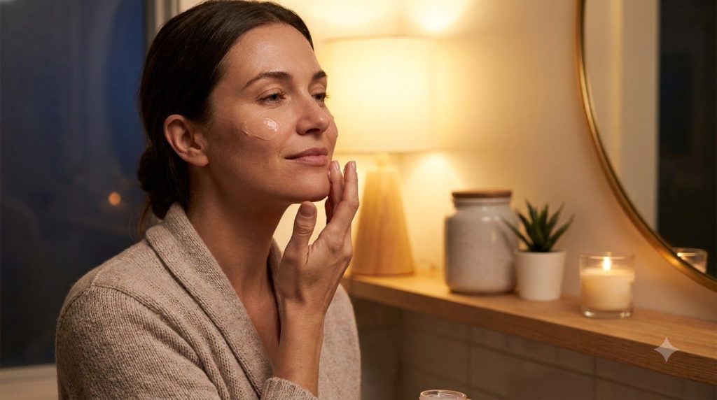 A woman gently applying a clear gel to her face during her nighttime routine with soft warm lighting