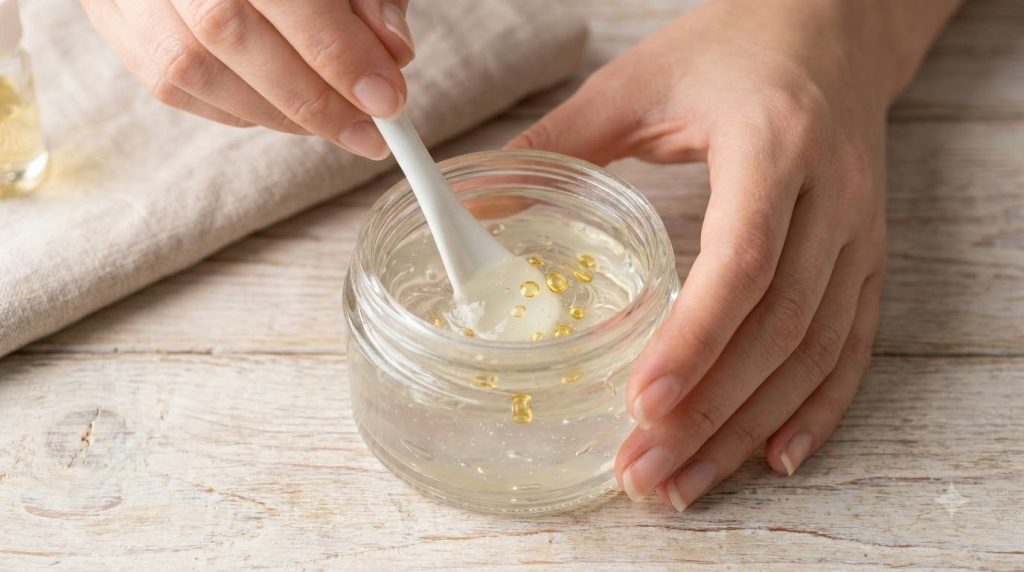 Hands mixing aloe vera gel and vitamin E oil in a small glass jar with a small spatula