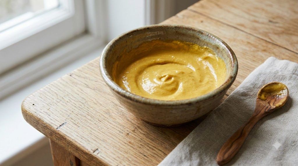 Close-up of a bowl containing the freshly mixed yellow face pack with a spoon beside it on a natural wooden surface
