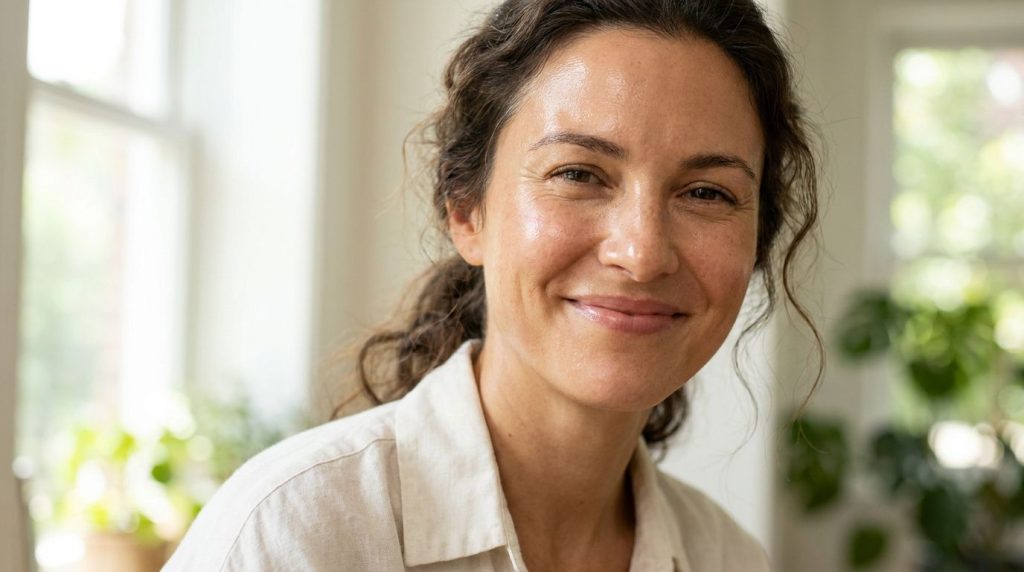 Close-up of a youthful-looking woman smiling confidently her skin appearing smooth radiant and hydrated hinting at the b