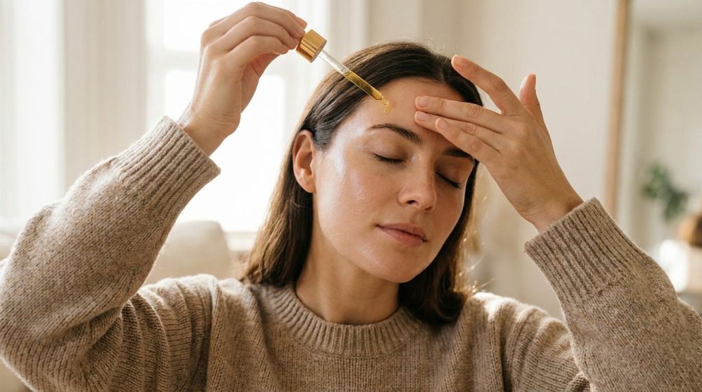 A woman gently massaging a few drops of a golden facial oil onto her face focusing on areas prone to fine lines with a s