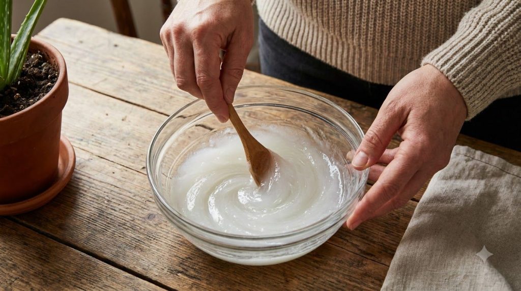 A person s hands gently mixing the aloe vera petroleum jelly and baby oil in a small glass bowl with a spoon showing the