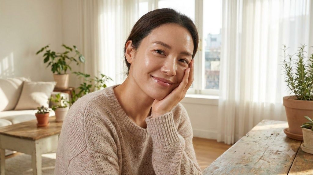 A woman gently touching her cheek smiling with glowing soft-looking skin suggesting the results of using the cream