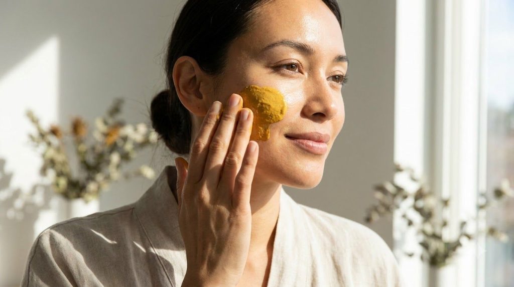 A woman gently applying a yellow paste to her cheek with her fingertips