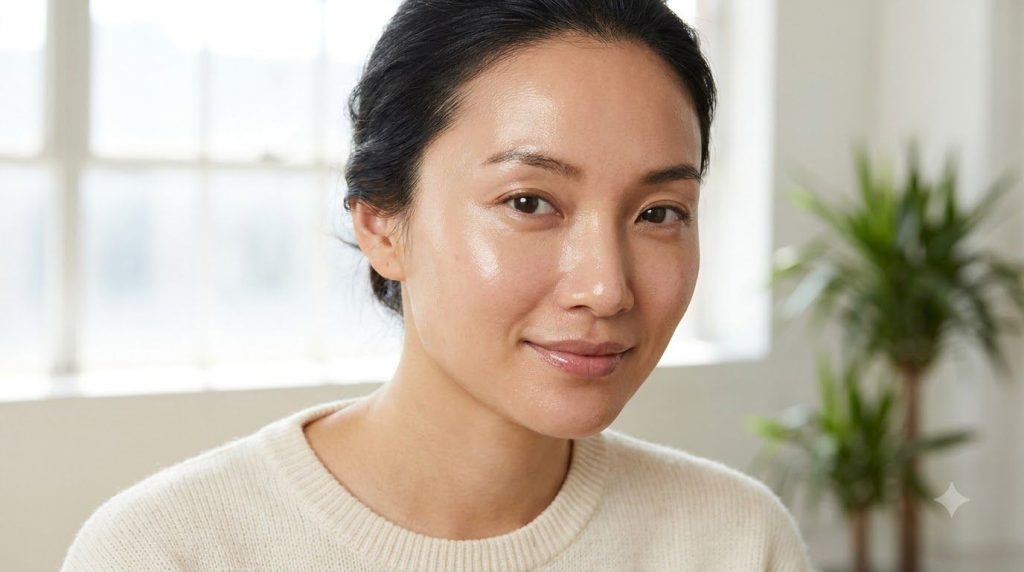 A woman with radiant clear skin smiling gently and showcasing her glowing complexion