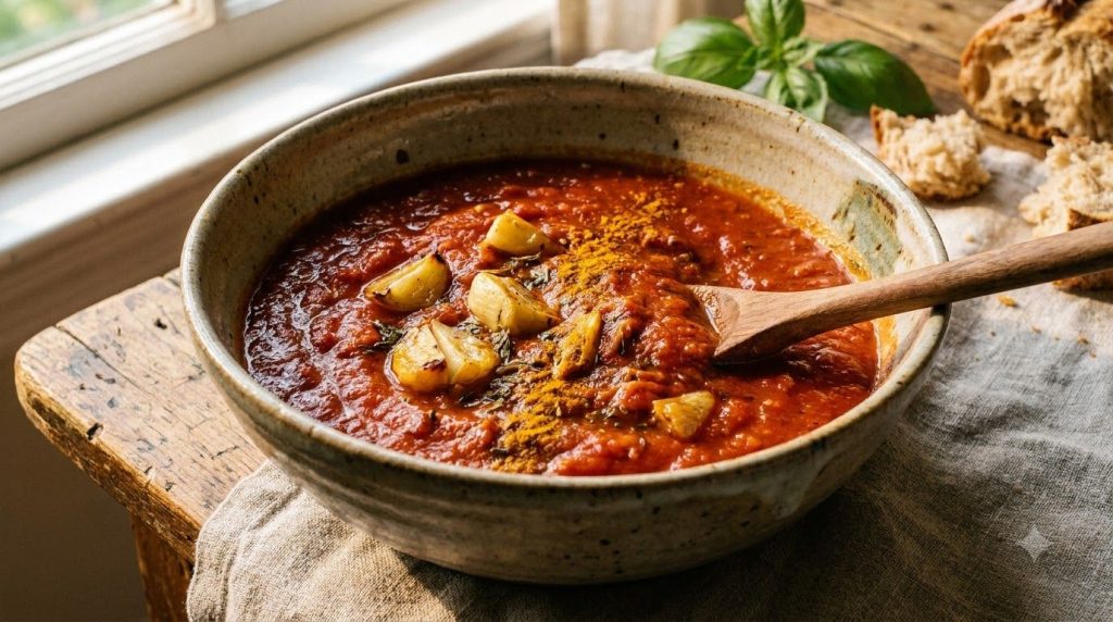 A close-up of a bowl of homemade tomato sauce with visible garlic and a sprinkle of turmeric highlighting a practical wa