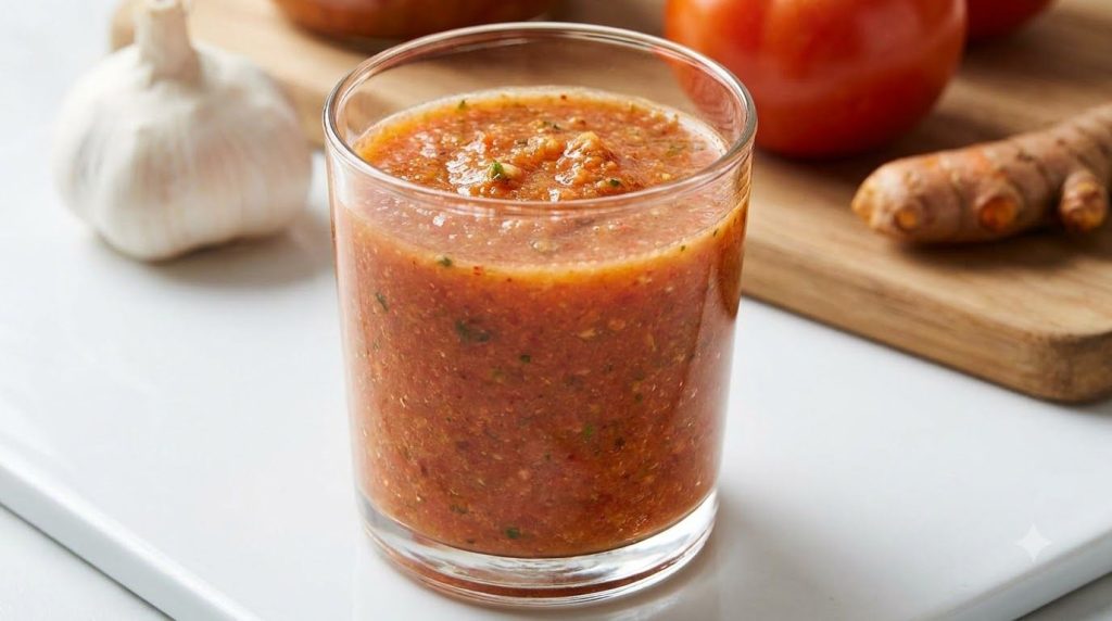 A glass of vibrant red-orange blended prostate health tonic with garlic tomato and turmeric visible in the background
