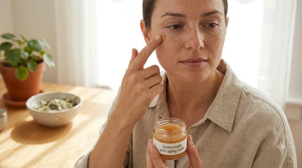 A woman gently dabbing a small amount of the homemade beauty balm onto the skin around her eye demonstrating careful app