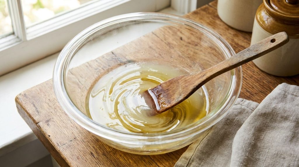 Close-up shot of a small bowl where melted Vaseline Vitamin E oil and almond oil are being stirred together with a small