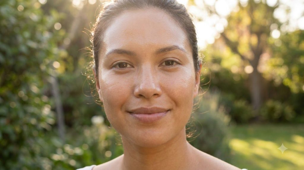 A woman with healthy glowing skin smiling subtly showcasing a natural youthful complexion The lighting is soft and flatt