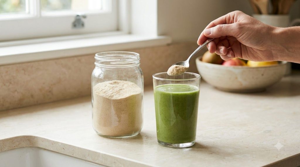 A glass jar filled with the prepared collagen beauty powder blend placed on a light-colored kitchen counter A hand is ge