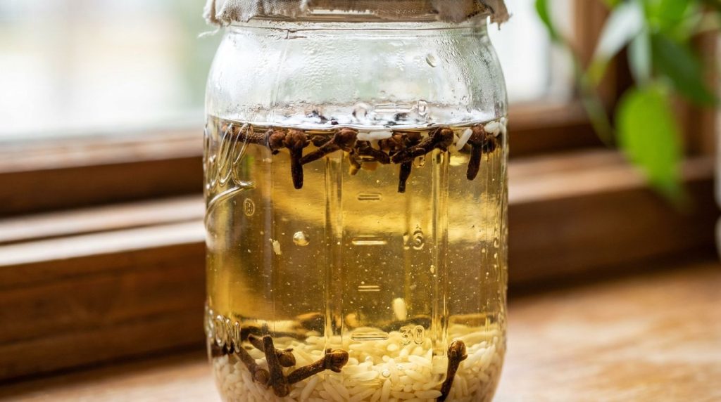 A close-up of a mason jar with carrier oil cloves and white rice illustrating the infusion process