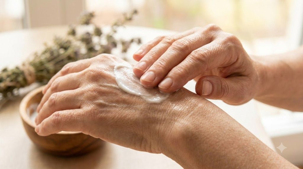 A close-up of a person gently massaging the creamy blended mixture onto their hand or face showing the smooth texture an