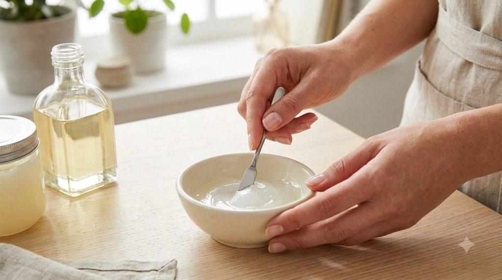 Hands gently mixing petroleum jelly and baby oil in a small container creating a smooth soft-skin treatment The backgrou