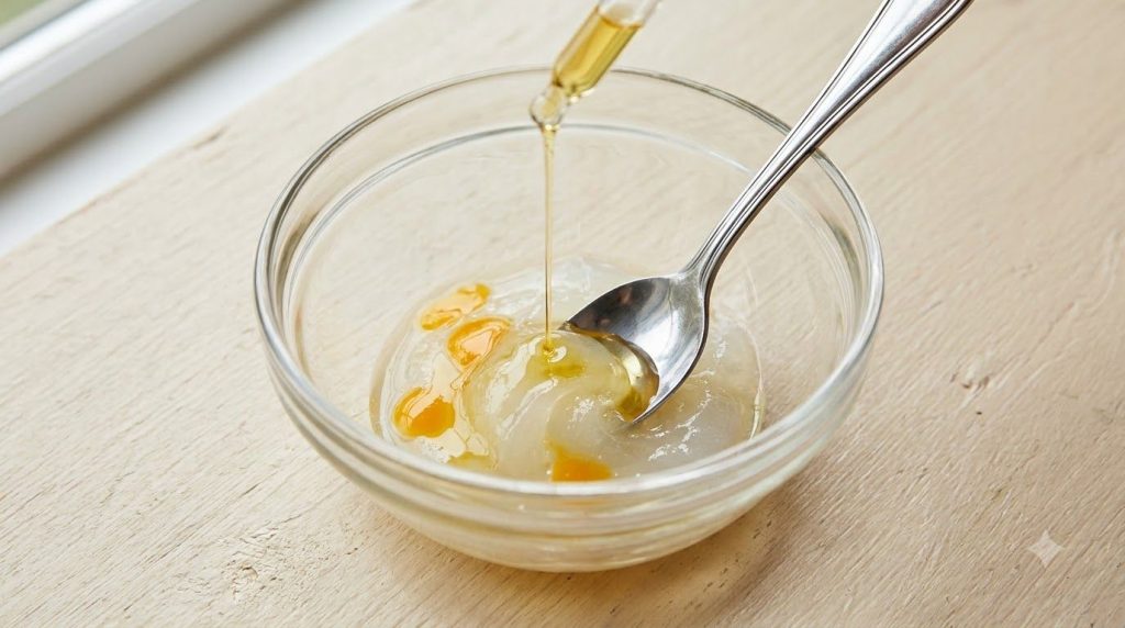Close-up of a small bowl with petroleum jelly a few drops of orange juice and a dropper of facial oil being mixed with a