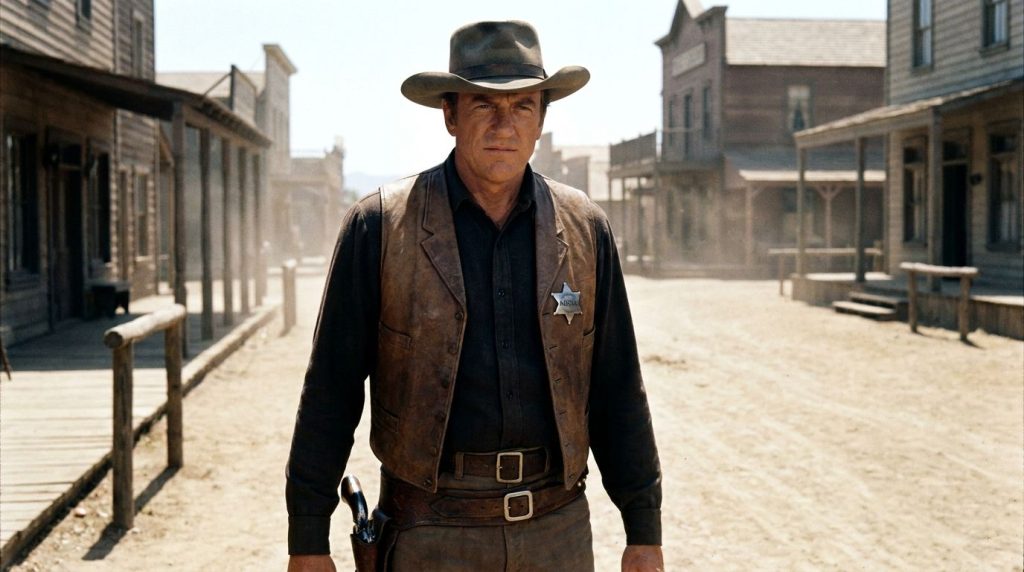 James Arness as Marshal Matt Dillon wearing his iconic Western sheriff s costume