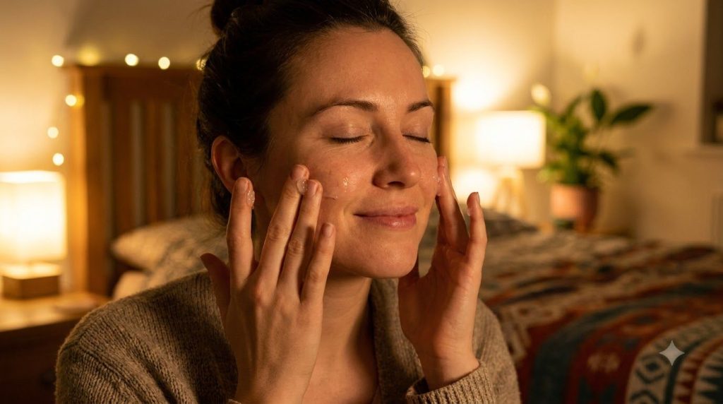 A woman gently applying the homemade gel to her face at night with a soft warm glow in a bedroom setting implying a nigh