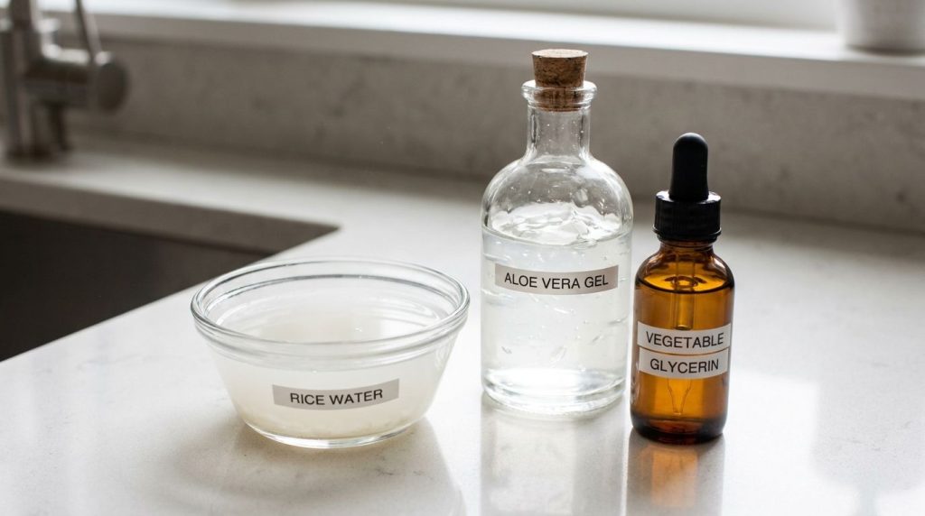 Close-up of a bowl containing freshly made rice water a bottle of aloe vera gel and a small bottle of vegetable glycerin