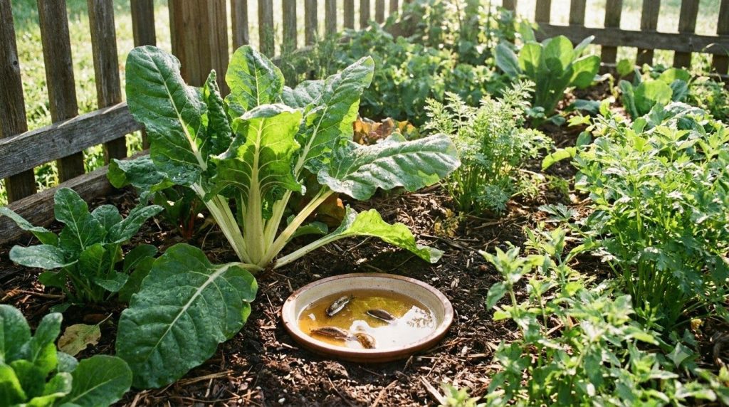 A garden bed with lush green plants showing signs of healthy growth and an example of a beer trap for slugs
