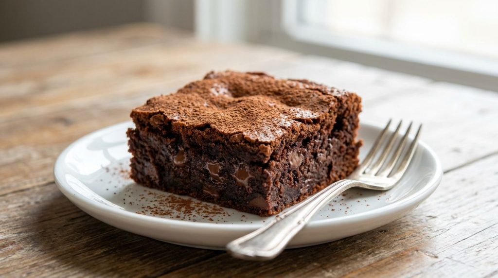 A perfectly sliced sweet potato brownie on a white plate with a fork showing its dense fudgy interior and baked chocolat