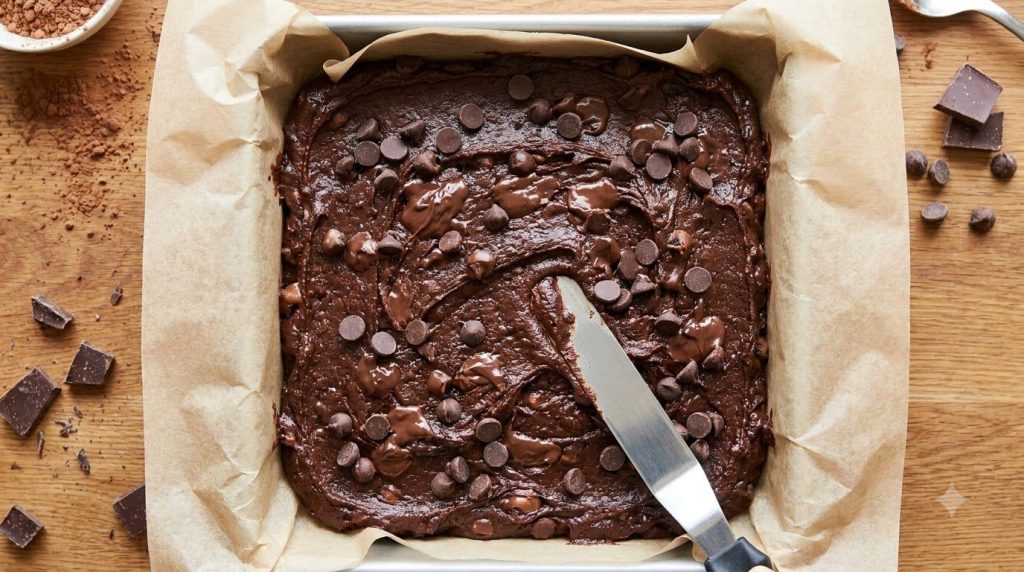 Sweet potato brownie batter being spread evenly into a parchment-lined 8x8 inch baking pan with chocolate chips sprinkle