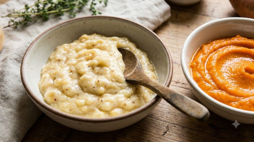 A bowl of perfectly mashed ripe bananas next to a bowl of smooth sweet potato puree