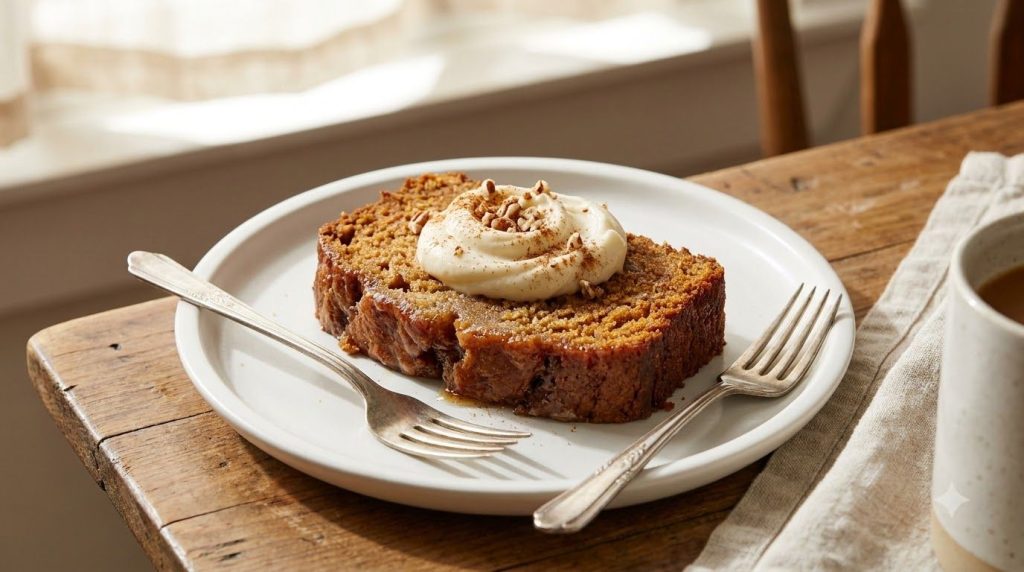 A slice of sweet potato banana bread topped with a dollop of cream cheese frosting served on a plate with a fork