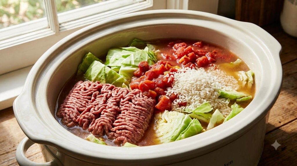 A slow cooker filled with all the ingredients for cabbage roll stew ready to be cooked
