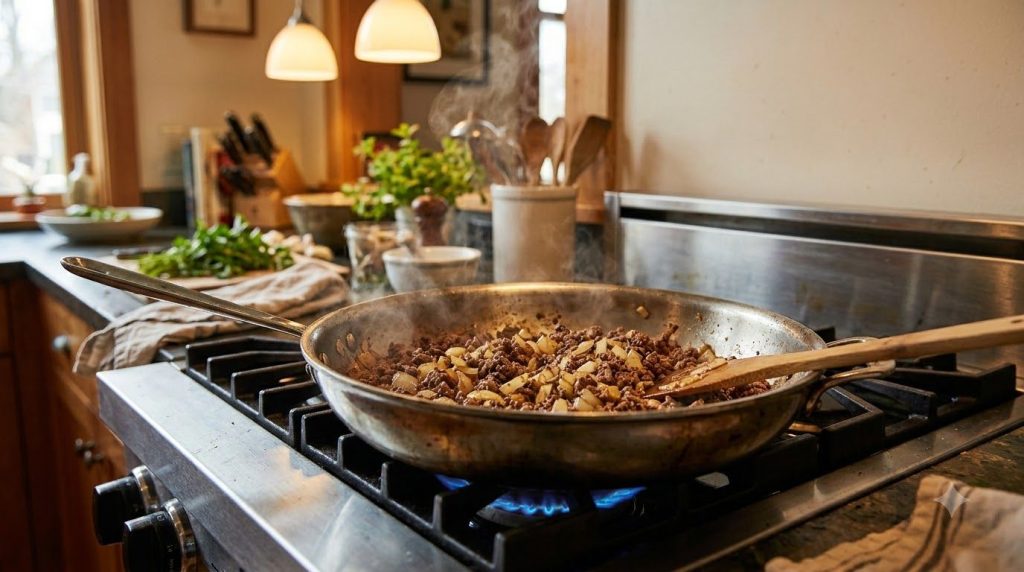 Ground beef and chopped onions browning in a skillet on a stovetop