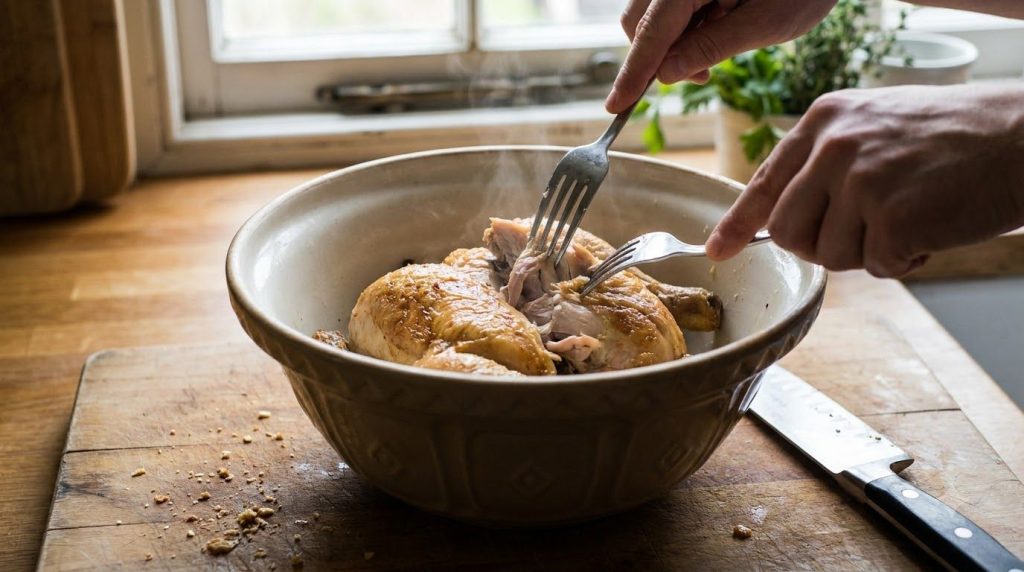 A close-up shot of cooked chicken being shredded with two forks in a bowl with a cutting board and knife in the backgrou