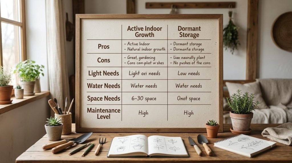 A visual comparison table showcasing the pros and cons of overwintering geraniums actively indoors versus storing them d