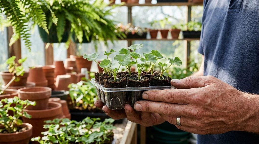 A gardener inspecting a tray of small newly rooted geranium cuttings ready for transplanting illustrating the propagatio