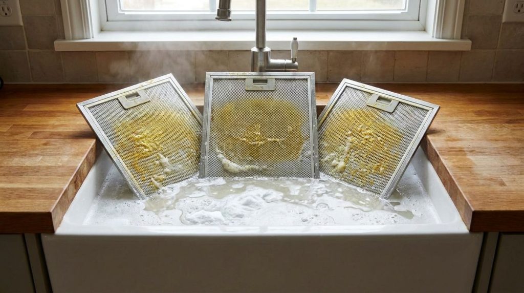 Greasy range hood filters soaking in a large sink filled with hot soapy water and baking soda solution with bubbles visi
