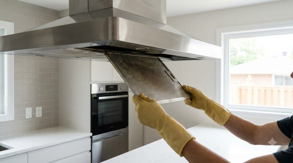 A person wearing gloves carefully removing a greasy metallic filter from a stainless steel range hood