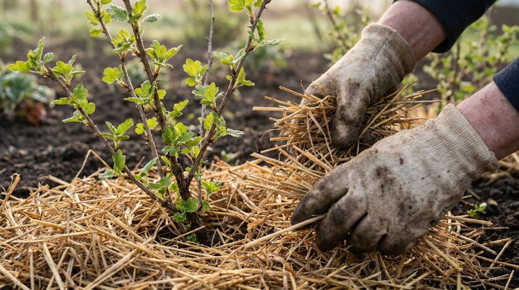 A gardener s hands gently applying organic mulch around the base of a gooseberry bush in early spring with new green lea