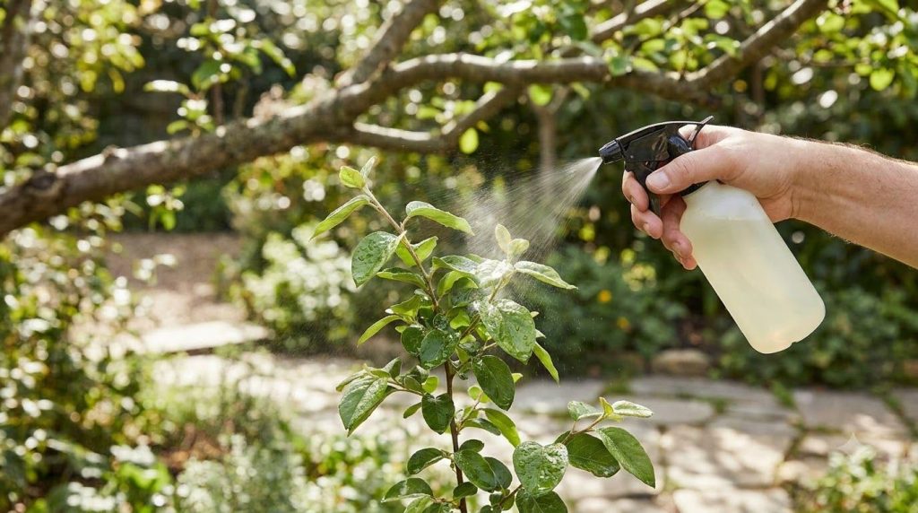 A close-up of a hand spraying a diluted baking soda solution onto the leaves of a young quince tree with sunlight filter