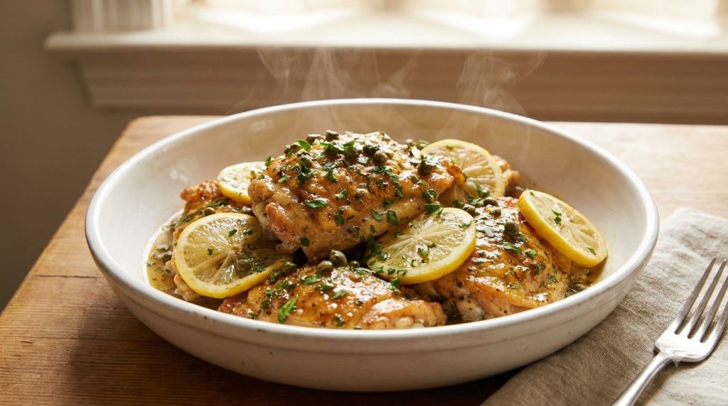 A close-up of a serving of lemon chicken in a white bowl garnished with fresh lemon slices and parsley The chicken piece