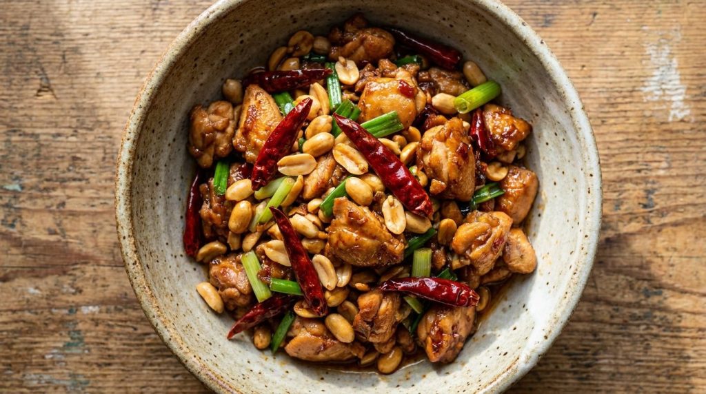 A serving of spicy Kung Pao chicken in a rustic ceramic bowl with visible peanuts chili peppers and green onions The chi