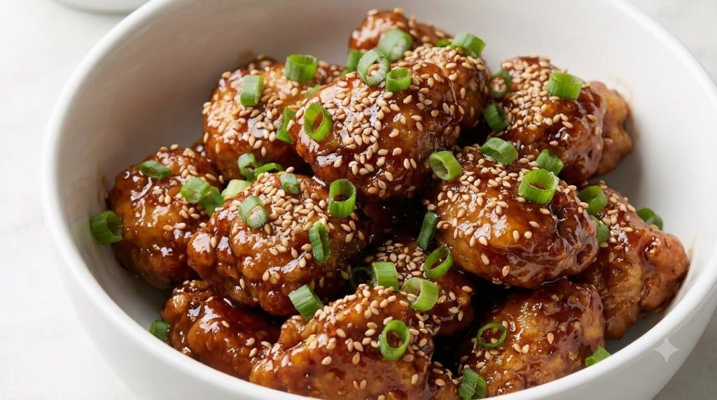 Close-up of sweet and sticky sesame chicken garnished with sesame seeds and chopped green onions in a bowl The chicken p