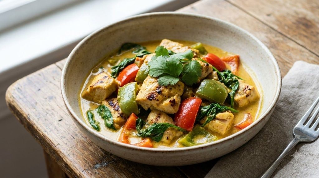 A bowl of creamy coconut curry chicken with visible chunks of chicken colorful vegetables and a rich golden sauce A spri