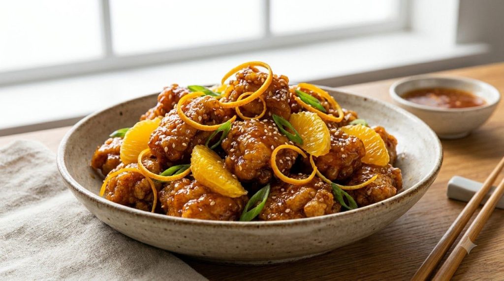 A serving of crispy orange chicken in a bowl garnished with orange zest and a few orange segments The chicken pieces hav