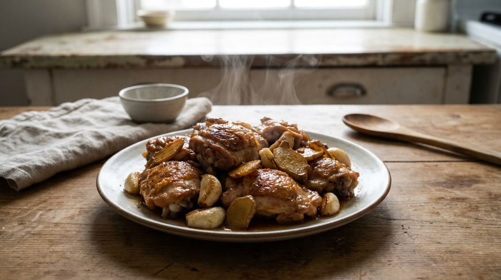 A plate of savory ginger garlic chicken showcasing browned chicken pieces alongside sliced ginger and garlic perhaps wit