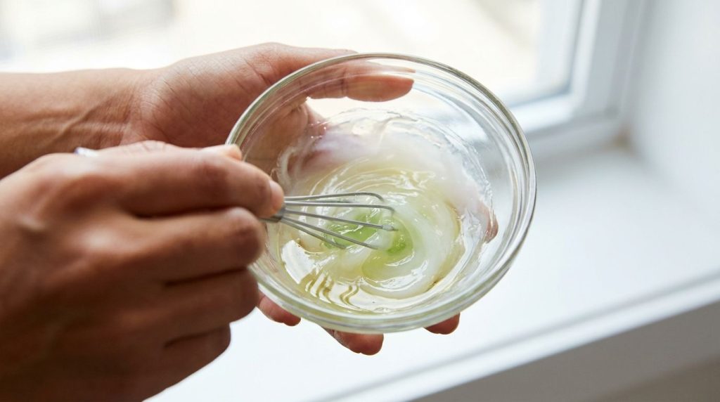 A person s hands mixing the Vaseline aloe vera gel and baby oil in a small bowl with a mini whisk showing a smooth white