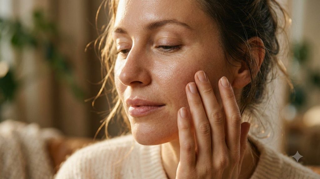 A woman gently touching her cheek showing off smooth radiant and hydrated skin with a soft glow suggesting the cream s b