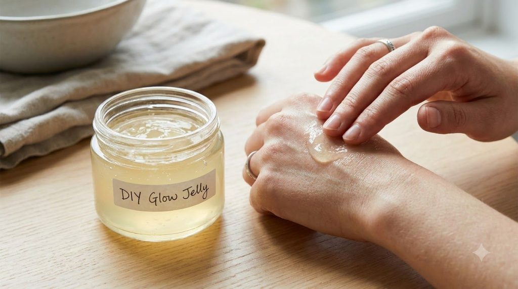 A small clear jar filled with the finished DIY Glow Jelly a smooth light-yellow balm next to a hand applying a small amo