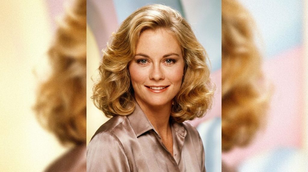 A vibrant publicity photo of Cybill Shepherd from the 1980s showcasing her signature blonde hair and confident smile per