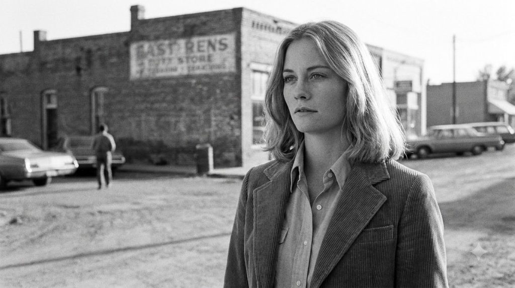 A black and white still from the 1971 film The Last Picture Show featuring Cybill Shepherd in character as Jacy Farrow p