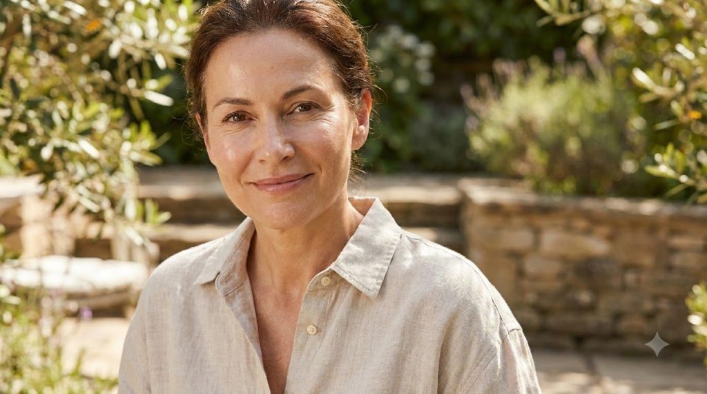 A woman aged 40-50 smiling softly with radiant and smooth-looking skin suggesting a healthy and youthful complexion