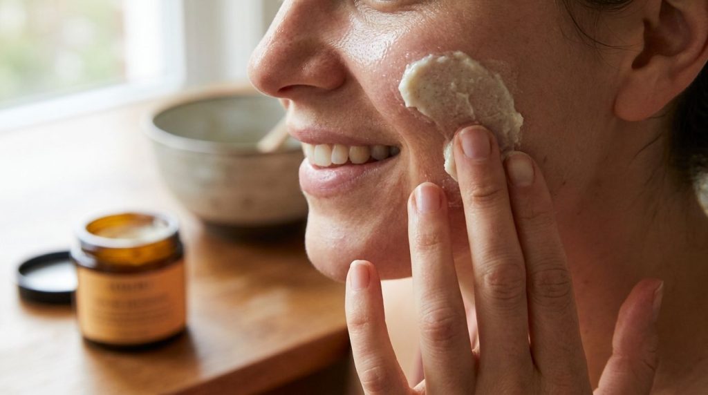 A person s hand applying a small amount of the homemade skin cream to their face gently massaging it into the cheek area